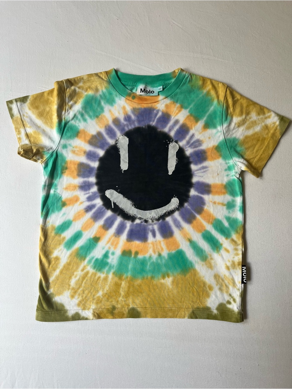 Molo Short-Sleeve Tie-Dye Smiley Tee in Yellow Green Blue